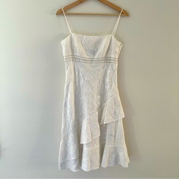 Ralph Lauren Black Label Dress Linen Embroidered Ruffle Lined White Size 6 - Picture 1 of 9
